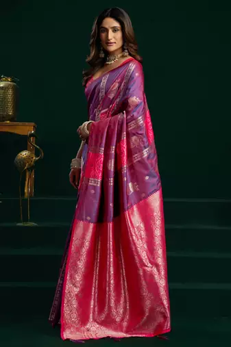Women's purple soft silk zari woven saree with blouse