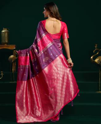 Women's purple soft silk zari woven saree with blouse 5
