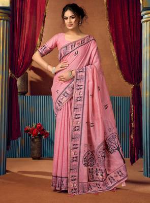 Women's pink modal zari woven saree with blouse 1