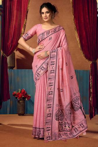 Women's pink modal zari woven saree with blouse