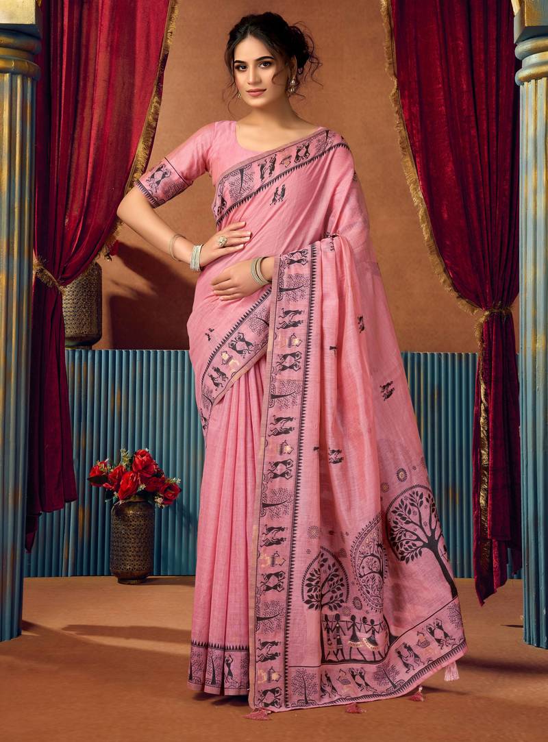 Women's pink modal zari woven saree with blouse