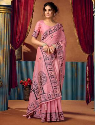 Women's pink modal zari woven saree with blouse 2