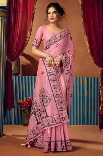 Women's pink modal zari woven saree with blouse