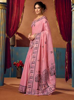 Women's pink modal zari woven saree with blouse 3