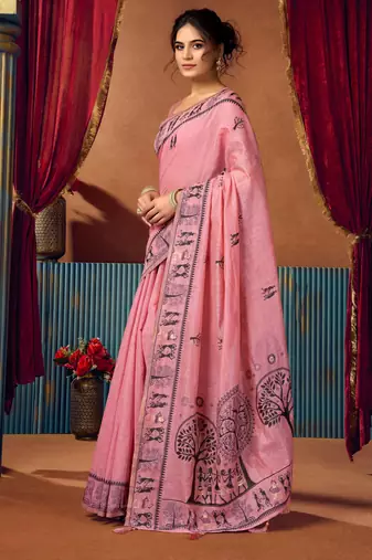 Women's pink modal zari woven saree with blouse