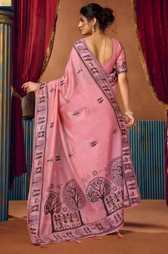 Women's pink modal zari woven saree with blouse