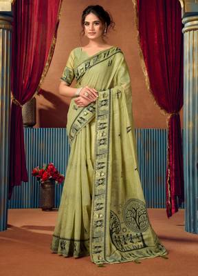 Women's green modal zari woven saree with blouse 1