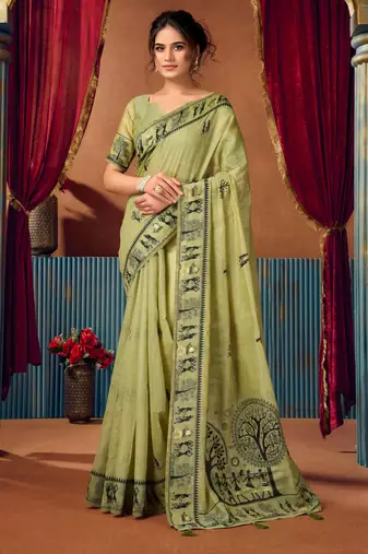 Women's green modal zari woven saree with blouse