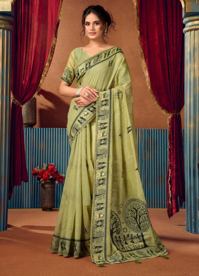 Women's green modal zari woven saree with blouse