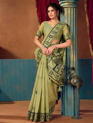 Women's green modal zari woven saree with blouse 2