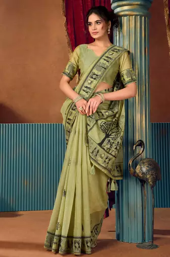 Women's green modal zari woven saree with blouse