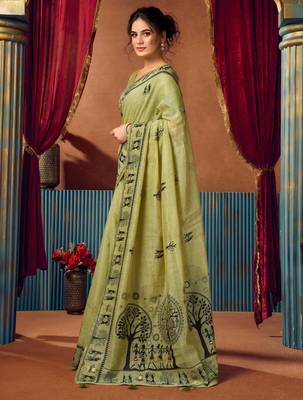 Women's green modal zari woven saree with blouse 3