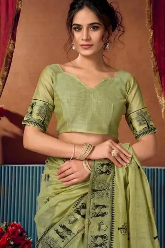 Women's green modal zari woven saree with blouse