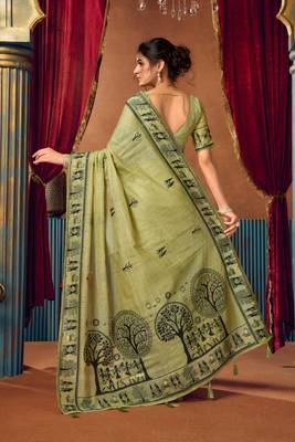 Women's green modal zari woven saree with blouse 5