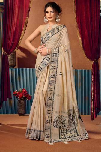 Women's beige modal zari woven saree with blouse