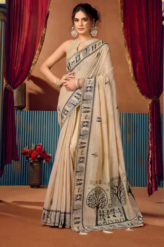 Women's beige modal zari woven saree with blouse