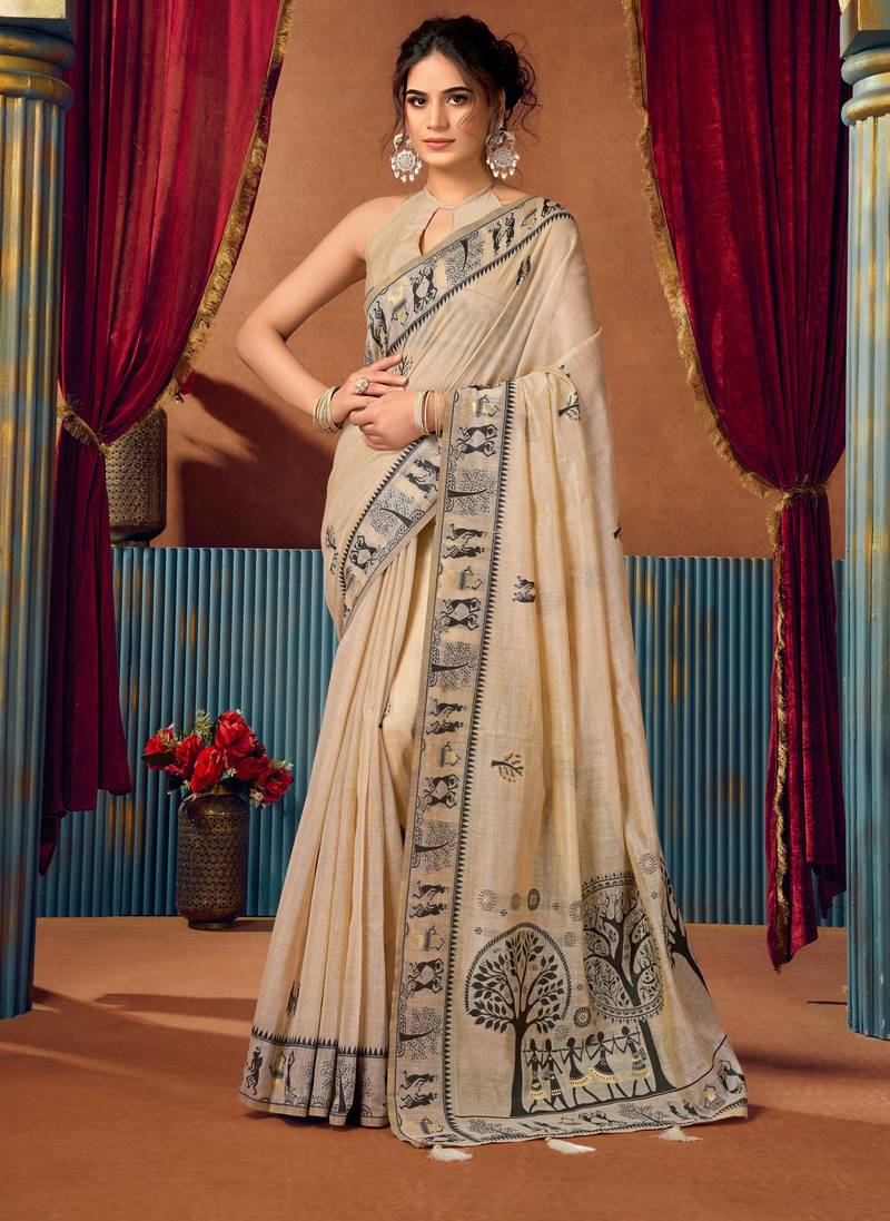 Women's beige modal zari woven saree with blouse