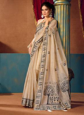 Women's beige modal zari woven saree with blouse 2