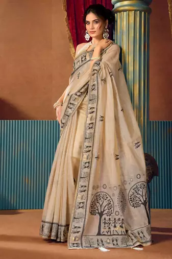 Women's beige modal zari woven saree with blouse