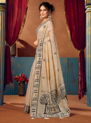Women's beige modal zari woven saree with blouse 3