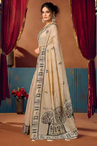 Women's beige modal zari woven saree with blouse