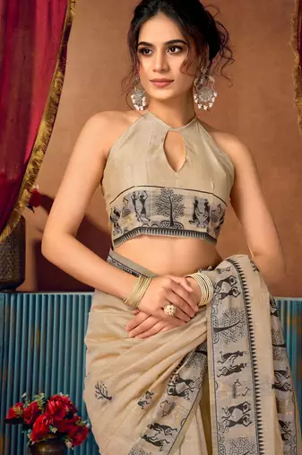 Women's beige modal zari woven saree with blouse