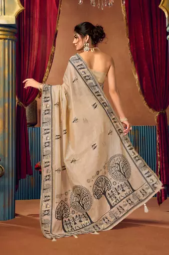 Women's beige modal zari woven saree with blouse