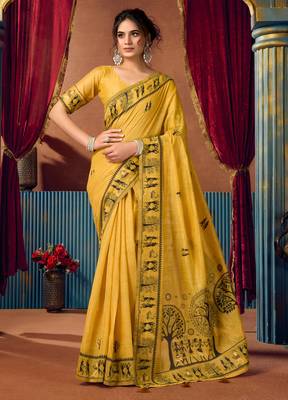 Women's yellow modal zari woven saree with blouse 1