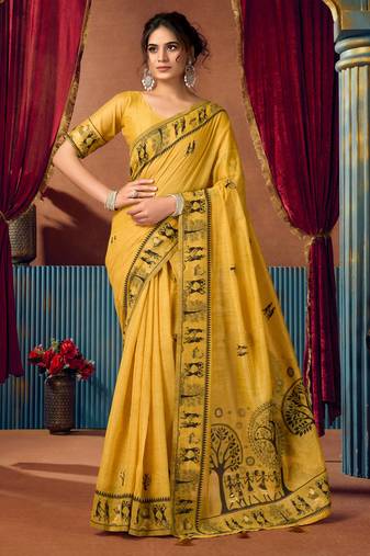 Women's yellow modal zari woven saree with blouse