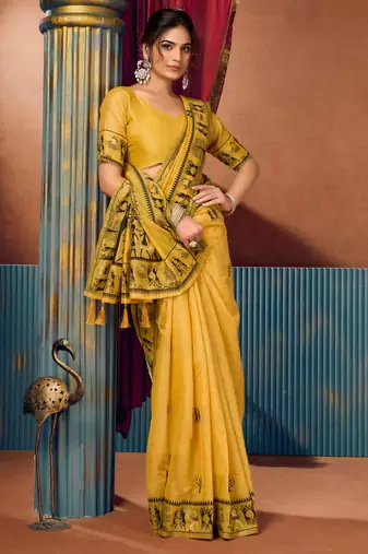 Women's yellow modal zari woven saree with blouse