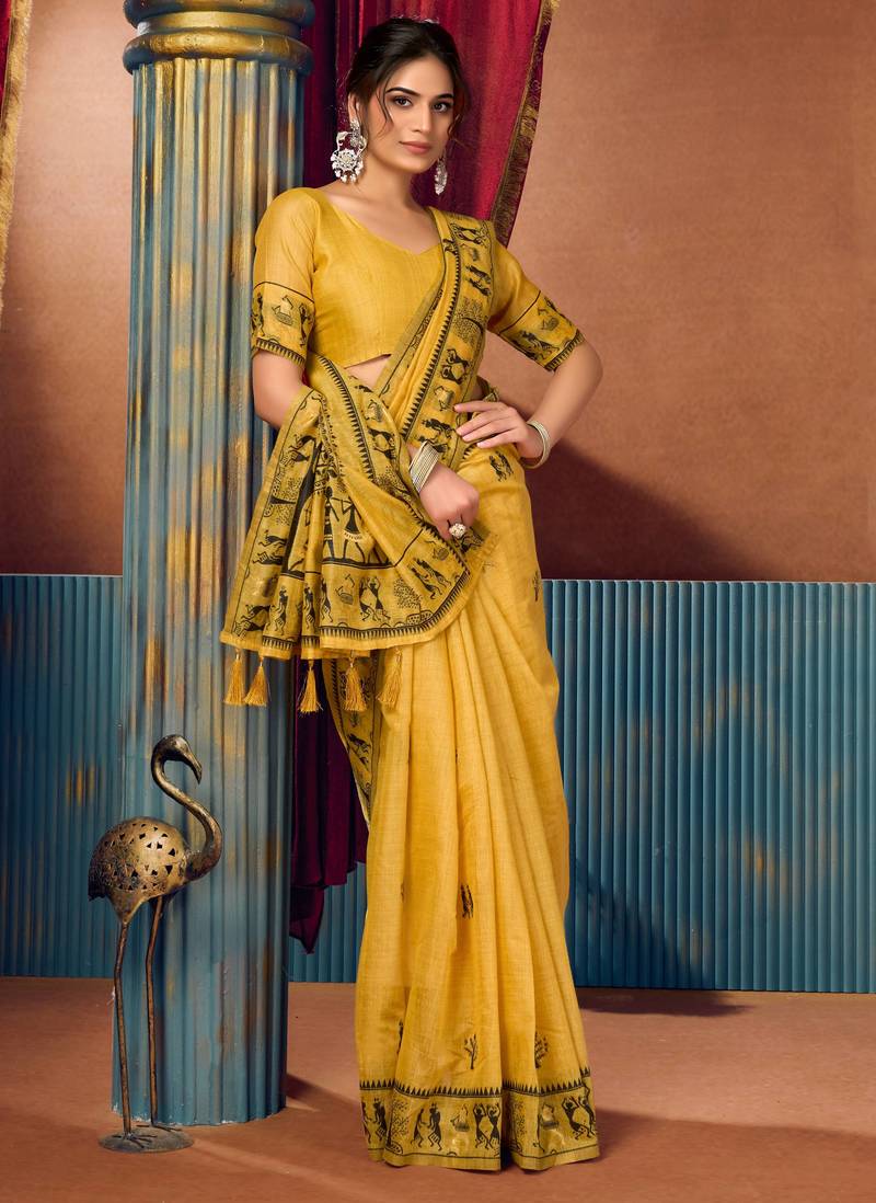 Women's yellow modal zari woven saree with blouse