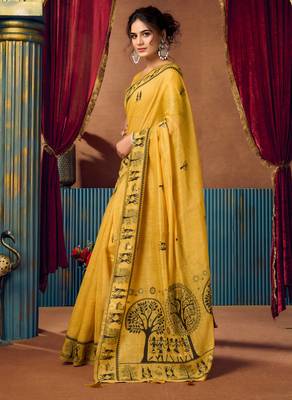 Women's yellow modal zari woven saree with blouse 3
