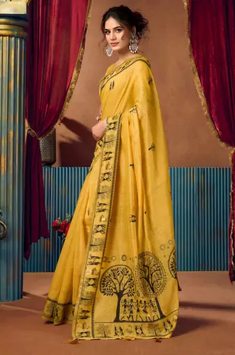 Women's yellow modal zari woven saree with blouse