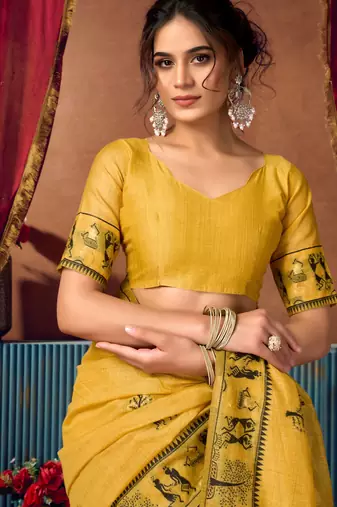 Women's yellow modal zari woven saree with blouse