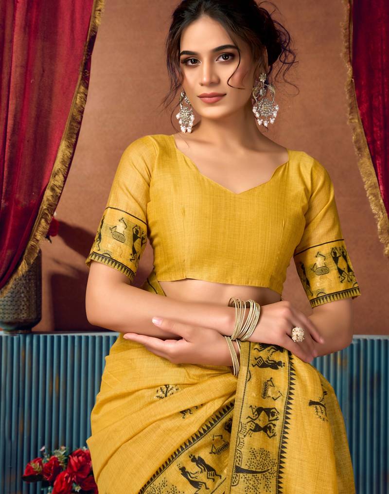 Women's yellow modal zari woven saree with blouse