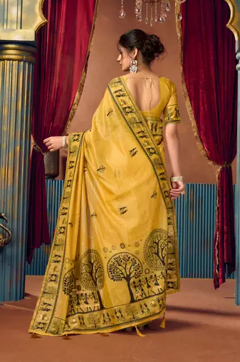 Women's yellow modal zari woven saree with blouse