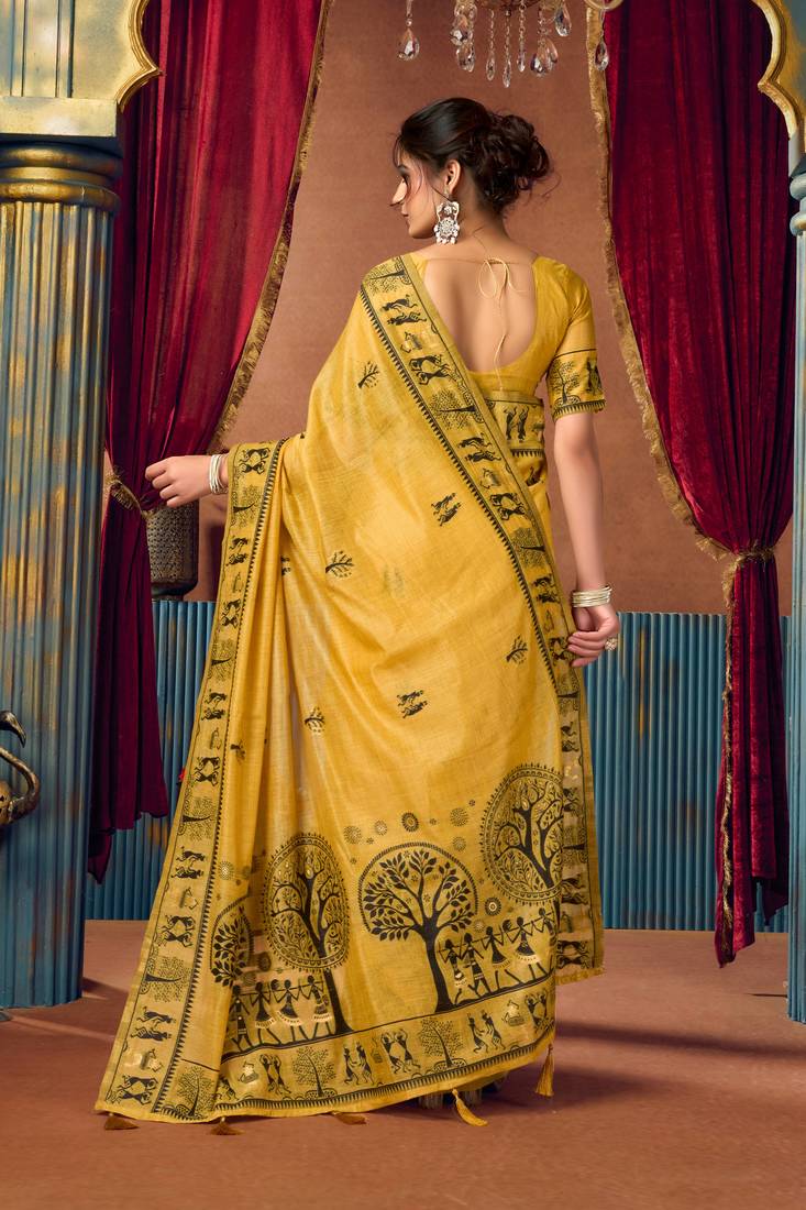 Women's yellow modal zari woven saree with blouse