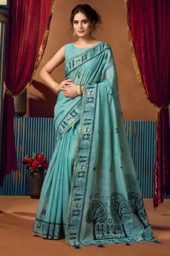 Women's turquoise modal zari woven saree with blouse