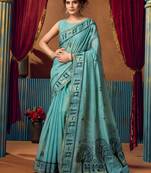 Women's turquoise modal zari woven saree with blouse