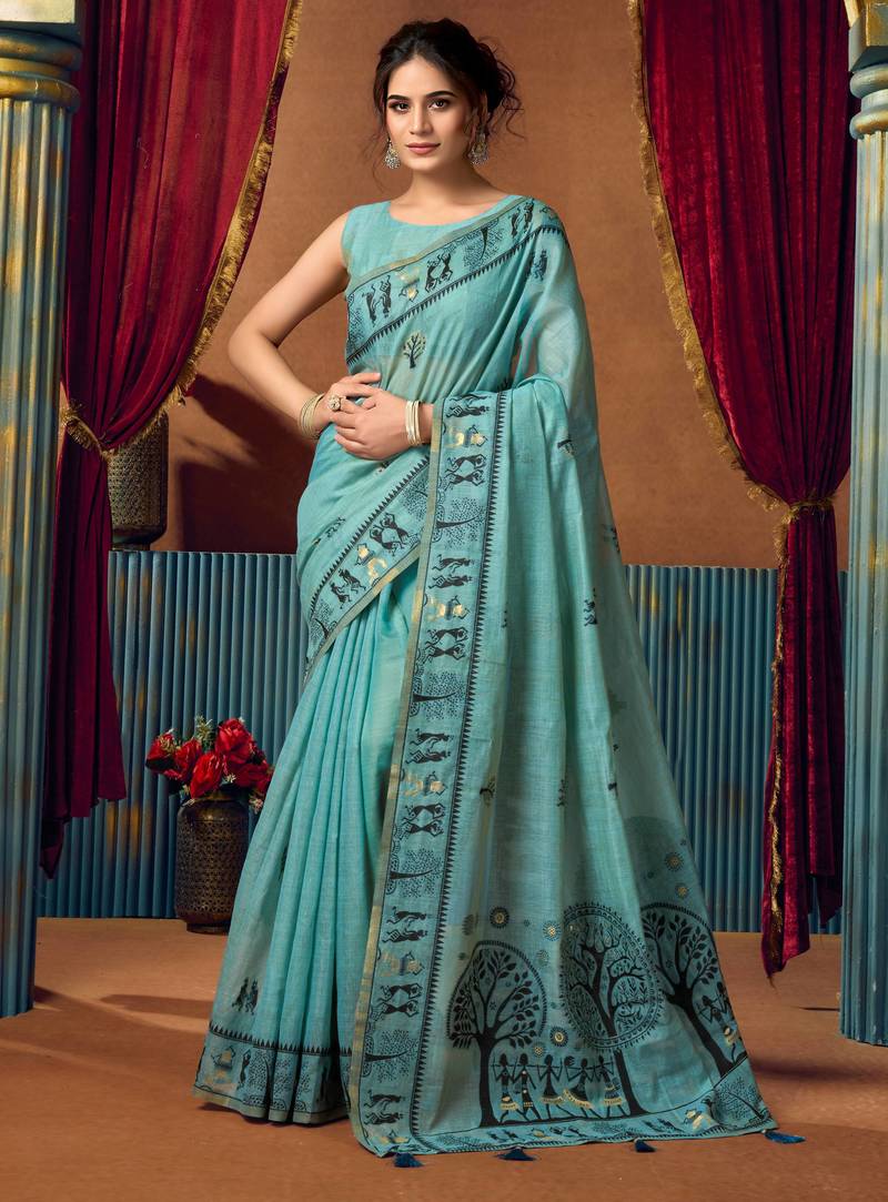 Women's turquoise modal zari woven saree with blouse