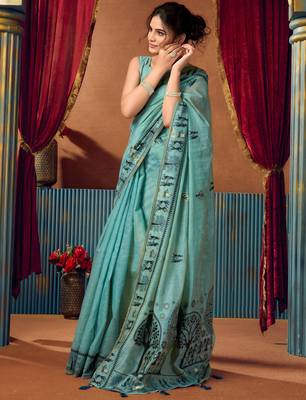 Women's turquoise modal zari woven saree with blouse 2