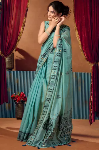 Women's turquoise modal zari woven saree with blouse