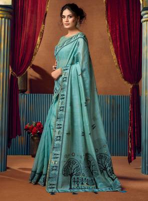 Women's turquoise modal zari woven saree with blouse 3