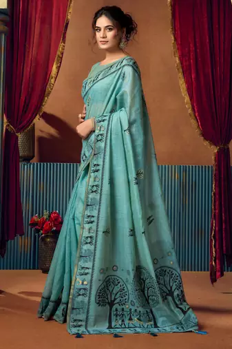 Women's turquoise modal zari woven saree with blouse