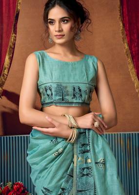 Women's turquoise modal zari woven saree with blouse 4