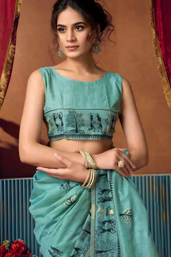 Women's turquoise modal zari woven saree with blouse