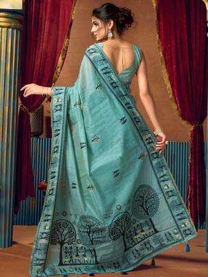 Women's turquoise modal zari woven saree with blouse 5