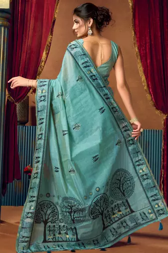 Women's turquoise modal zari woven saree with blouse