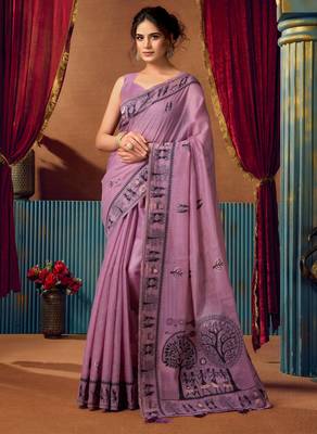Women's lavender modal zari woven saree with blouse 1