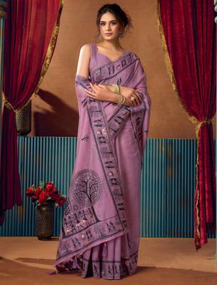 Women's lavender modal zari woven saree with blouse 2